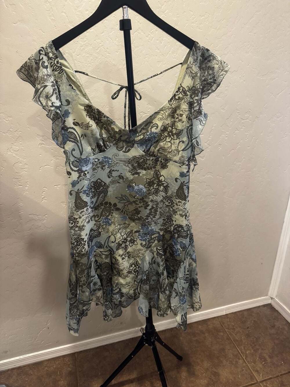 Hesperus Cottagecore Blue Green Paisley Floral Ruffle Mini Dress Size M